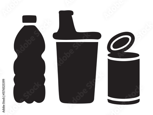 Black silhouette of plastic bottle, shaker, and aluminum can isolated on white background, graphic illustration. concept of pollution, waste management, recycling, icon, logo, design element.