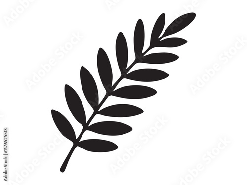 Black silhouette of olive or acacia leaf on white background, isolated graphic illustration. concept of nature, botanical art, plant element, icon, logo, decor, design element