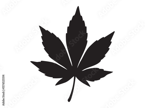 Black silhouette of cannabis or horse chestnut leaf isolated on white background, graphic illustration. concept of nature, plant, foliage, botanical art, design element, icon, logo