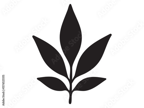 Black silhouette of Schefflera or horse chestnut leaf isolated on white background, graphic illustration. concept of nature, botanical art, foliage, plant design, icon, logo, decoration element