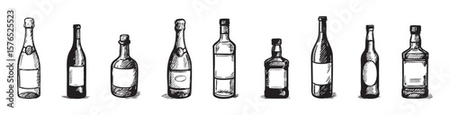 Set of different alcohol bottles in hand drawn black sketch style isolated on white background, graphic illustration. Concept of wine, whiskey, champagne, beer, liquor collection, vintage bar elements