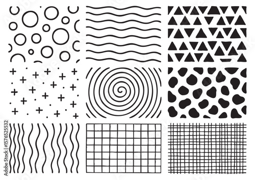 Black and white geometric patterns set in various shapes and textures, graphic illustration on white background. concept of design, modern art, decoration, textile print, wallpaper