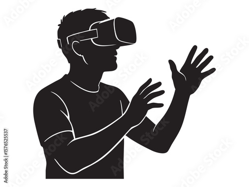 Black silhouette of man wearing vr headset with outstretched hands on white background, graphic illustration. concept of virtual reality, technology, futuristic, gaming, innovation