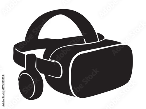 Black silhouette of virtual reality headset isolated on white background, graphic illustration. concept of technology, gaming, immersive experience, futuristic device, design element