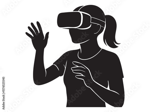 Black silhouette of woman wearing virtual reality headset, isolated on white background, graphic illustration. concept of vr technology, digital innovation, gamer, virtual experience