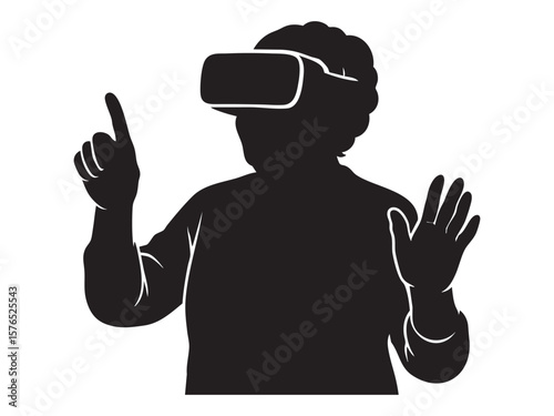 Silhouette of elderly woman engaged in virtual reality experience with headset, graphic illustration. concept of vr, immersive technology, futuristic entertainment, gaming, isolated.
