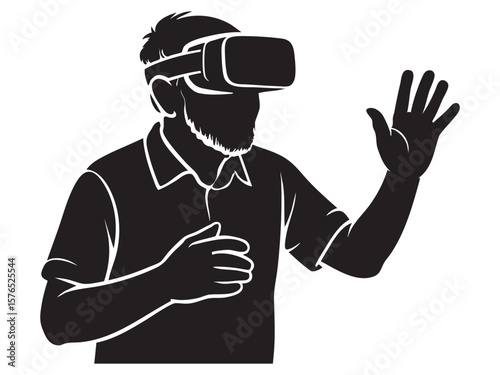 Black silhouette of elderly man wearing vr headset, hand raised, isolated on white background, graphic illustration. concept of technology, virtual reality, gaming, digital experience