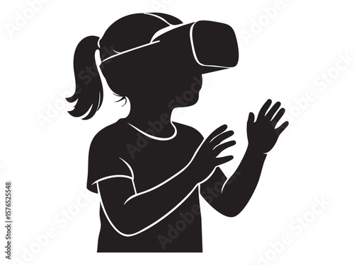 Black silhouette of child girl wearing vr headset and raising hands, isolated on white background, graphic illustration. concept of virtual reality, technology, futuristic gaming