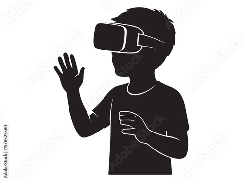 Black silhouette of boy wearing vr headset with hand raised, isolated on white background, graphic illustration. concept of virtual reality, technology, gaming, innovation, icon