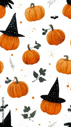 Halloween Themed Pattern With Witches, Pumpkins, and Bats on a Light Background