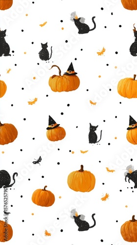 Colorful Halloween Pattern With Black Cats and Pumpkins for Festive Decorations