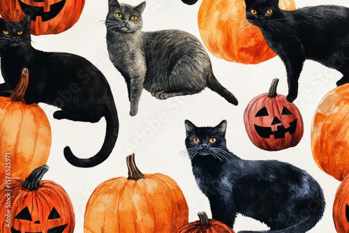 Black Cats and Pumpkins Create a Festive Autumn Atmosphere for Halloween Deco...