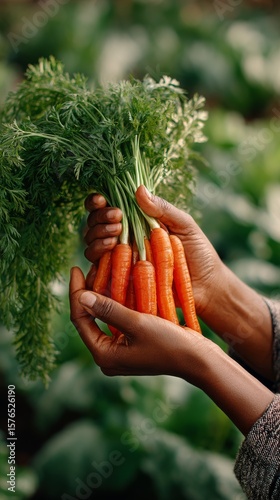 Freshly Harvested Carrots Held by Hands in a Vibrant Green Garden During Dayl...