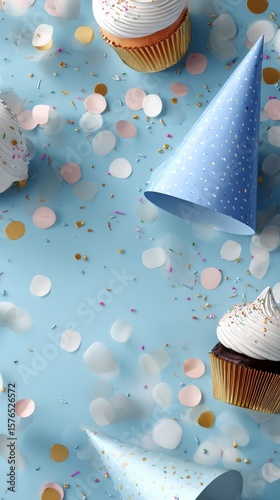 Colorful Party Hats and Cupcakes Celebrate a Joyful Gathering With Confetti i...