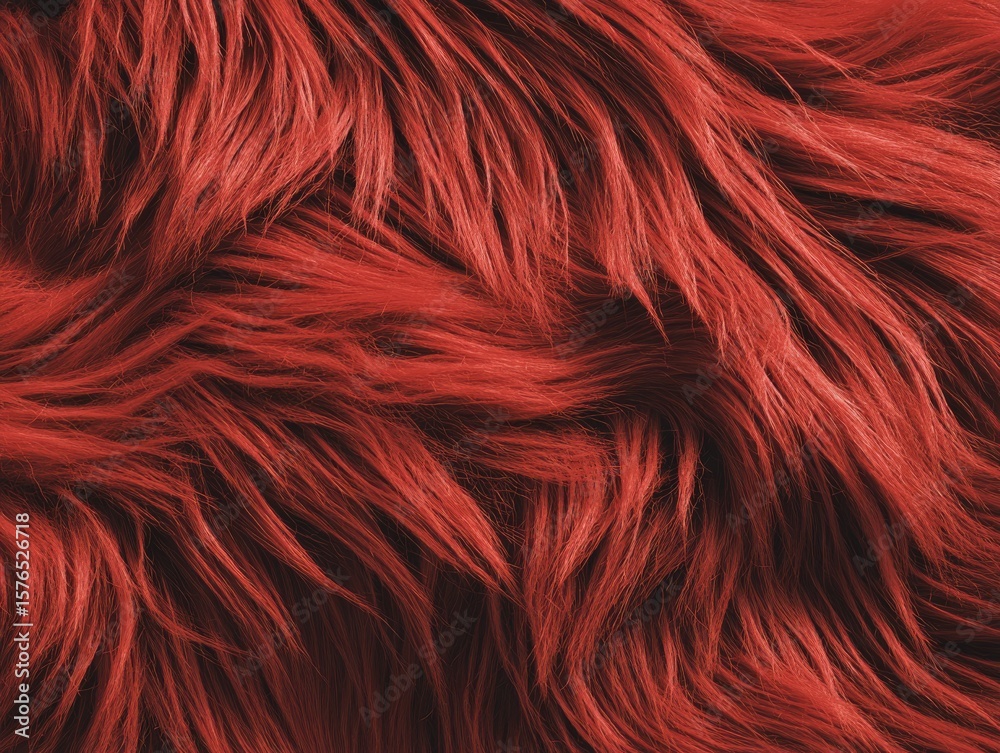 Naklejka premium Bright red fluffy fur serves as the background for a close-up view of a detailed and soft texture