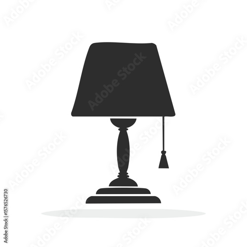 Monochrome drawing of a table lamp with shade and tassel detail