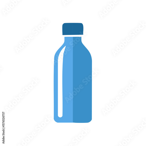 Blue plastic bottle illustration, water container design, beverage packaging with a cap, flat vector art