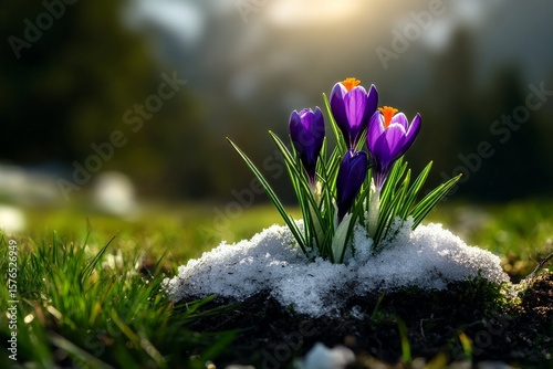 Spring Crocuses Bloom Through Melted Snow at Sunset in a Tranquil Garden