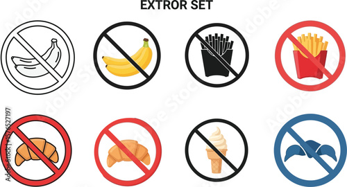 Various forbidden food items displayed with a restriction symbol on white background