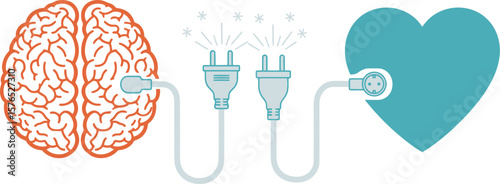 Illustration showing brain and heart connected by plugs and electrical cords on white