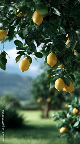 Lemon Trees Laden With Ripe Fruit in a Sunny Orchard on a Clear Day