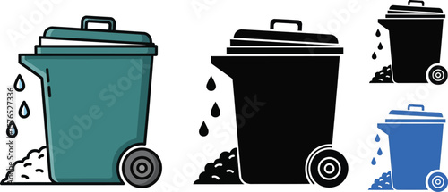 A collection of trash can illustrations in various colors and black and white