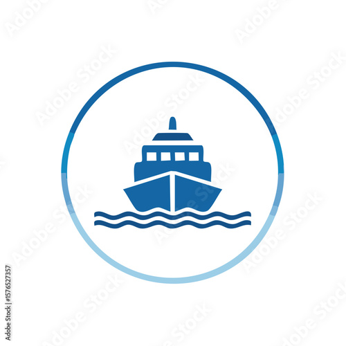 Simple nautical icon of a blue ship sailing on water in circular frame design, nautical vector illustration