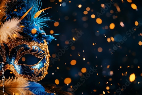 Colorful Glittering Mask With Feathers at a Festive Celebration During Evenin...