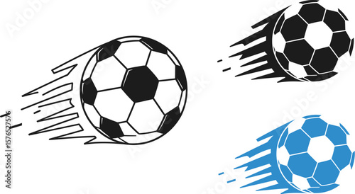 Three soccer balls with motion lines in black blue and white on a white background