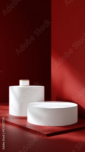 Modern Minimalist Display Featuring Geometric Shapes in a Striking Red Backgr...