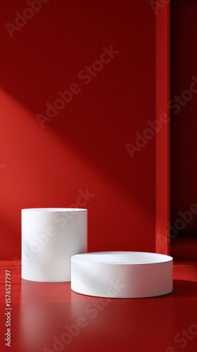 Modern Minimalist Display Featuring Geometric Shapes in a Striking Red Backgr...