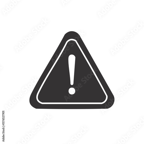 Dark gray triangle with exclamation point denoting caution, risks, warnings, safety