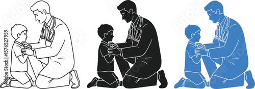 Illustration of doctor examining child in three styles on a white background