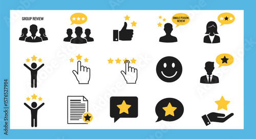 A collection of review icons representing group, single person, and star ratings