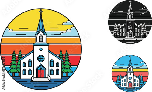 Three church illustrations with different color schemes and line art styles