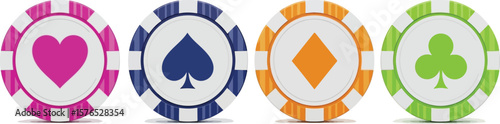 Four poker chips with heart spade diamond and club symbols on a white background