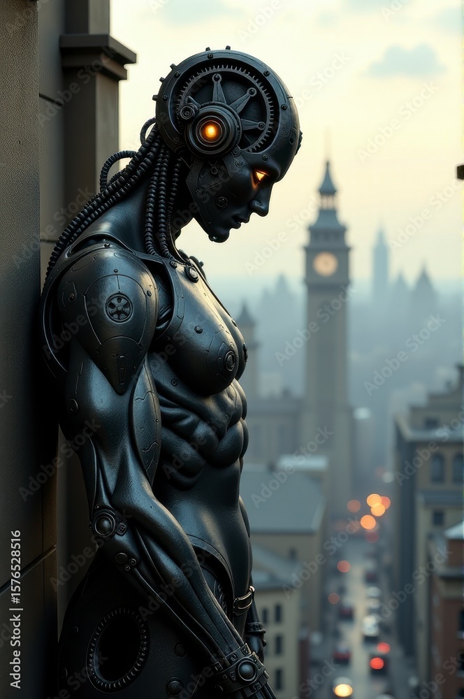 Fototapeta premium A futuristic humanoid robot stands on a rooftop, gazing over a city skyline at sunset.