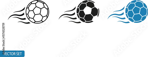 Three soccer ball icons with motion trails in black outline solid and blue fill