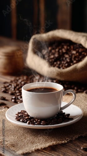 Steaming Cup of Coffee Surrounded by Coffee Beans in a Rustic Setting