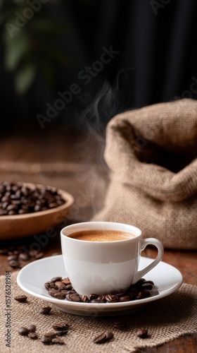 Hot Coffee Cup Served on a Saucer With Coffee Beans and Burlap Sack in Cozy S...
