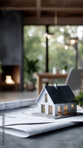 Scale Model of a House on Blueprints With Natural Light in a Construction Wor...