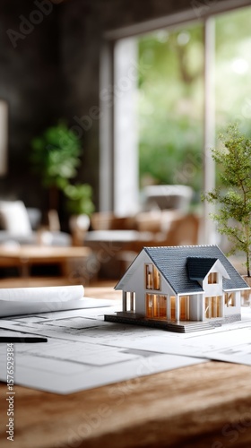 Miniature House Model on Architectural Blueprints in a Modern Workspace With ...