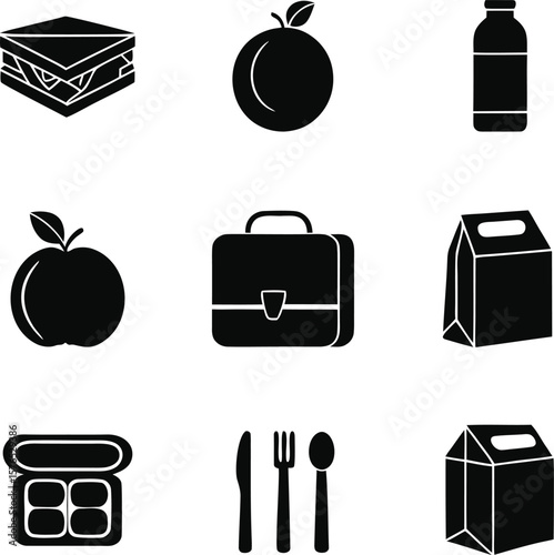 Black icons of a sandwich an apple a bottle a briefcase cutlery and lunch boxes orange