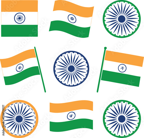Collection of Indian Flags and Ashoka Chakra Symbols in Orange White and Green national symbol