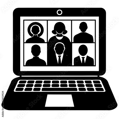 Laptop displaying video conference participants silhouette vector illustration