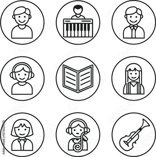 Collection of nine black and white circular icons featuring people and musical instruments