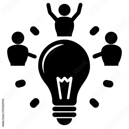 Teamwork around lightbulb idea brainstorming people silhouette vector illustration