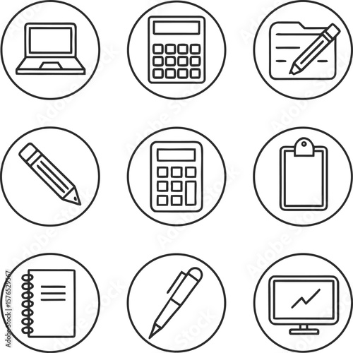 Collection of nine black and white outline icons representing office and school supplies