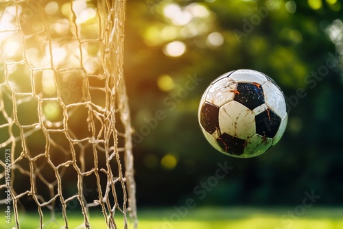 Soccer Ball Entering the Net During a Match on a Sunny Day in a Park Setting