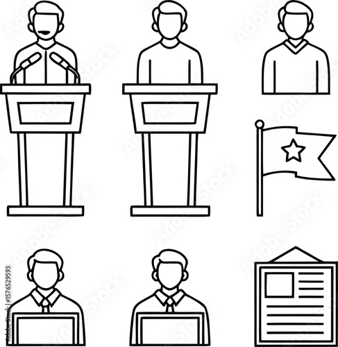 Collection of simple line art icons depicting people speaking at podiums and holding documents